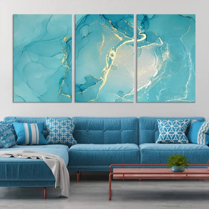 The Turquoise Canvas Wall Art Abstract Print, crafted with museum-quality canvases and a UV-protective coating, graces the wall. This striking piece arrives ready to hang and infuses the space with elegance.