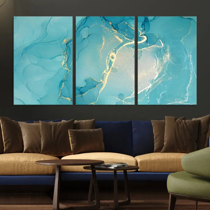 The Turquoise Canvas Wall Art Abstract Print, crafted with museum-quality canvases and a UV-protective coating, graces the wall. This striking piece arrives ready to hang and infuses the space with elegance.