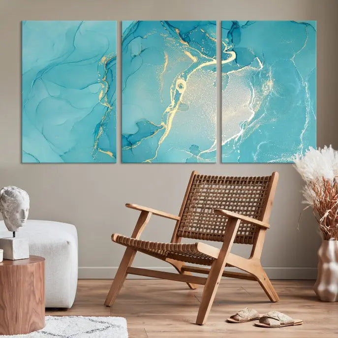 The Turquoise Canvas Wall Art Abstract Print, crafted with museum-quality canvases and a UV-protective coating, graces the wall. This striking piece arrives ready to hang and infuses the space with elegance.