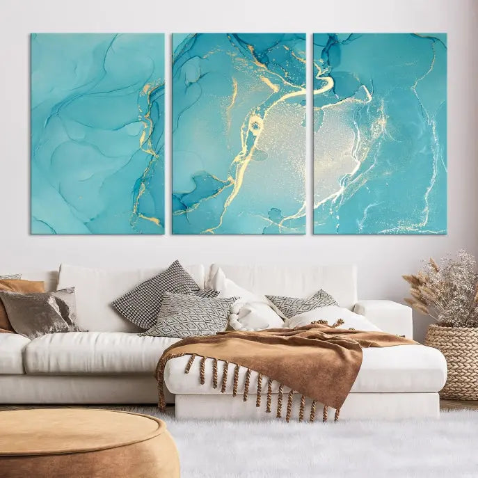 The Turquoise Canvas Wall Art Abstract Print, crafted with museum-quality canvases and a UV-protective coating, graces the wall. This striking piece arrives ready to hang and infuses the space with elegance.