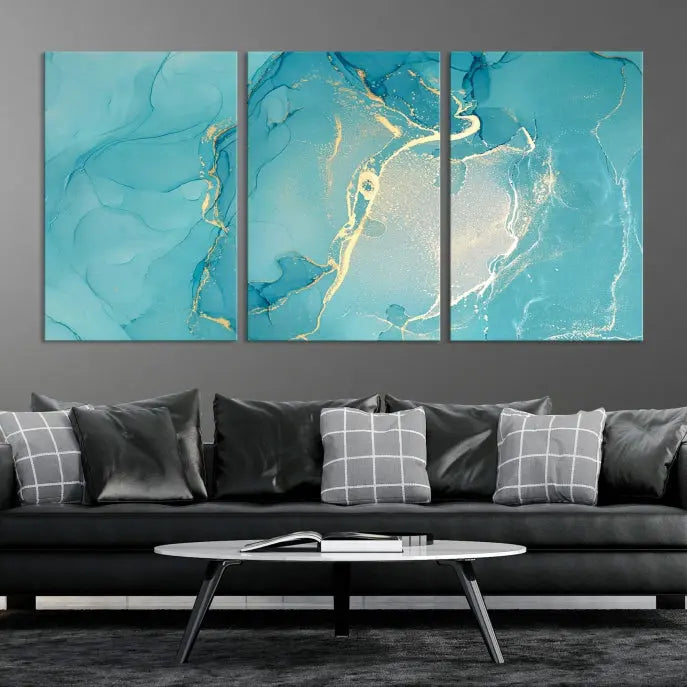 The Turquoise Canvas Wall Art Abstract Print, crafted with museum-quality canvases and a UV-protective coating, graces the wall. This striking piece arrives ready to hang and infuses the space with elegance.