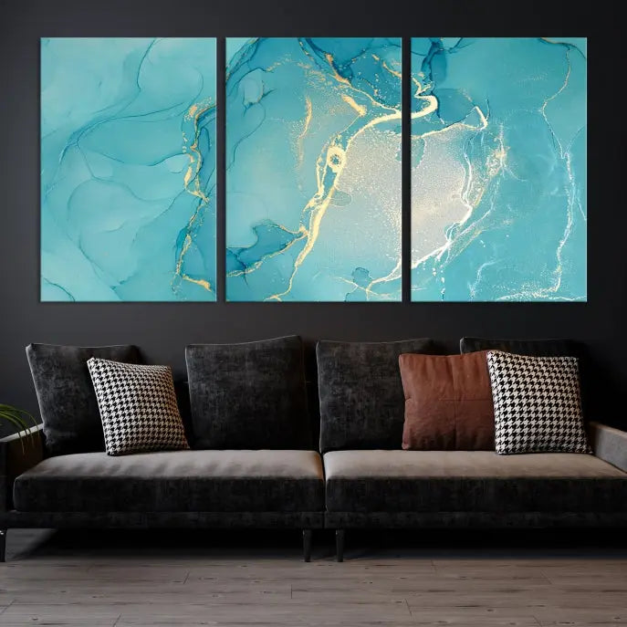 The Turquoise Canvas Wall Art Abstract Print, crafted with museum-quality canvases and a UV-protective coating, graces the wall. This striking piece arrives ready to hang and infuses the space with elegance.