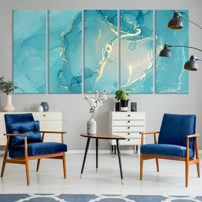 The Turquoise Canvas Wall Art Abstract Print, crafted with museum-quality canvases and a UV-protective coating, graces the wall. This striking piece arrives ready to hang and infuses the space with elegance.