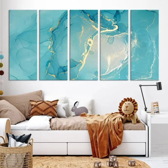 The Turquoise Canvas Wall Art Abstract Print, crafted with museum-quality canvases and a UV-protective coating, graces the wall. This striking piece arrives ready to hang and infuses the space with elegance.