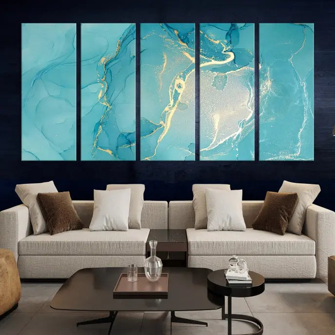 The Turquoise Canvas Wall Art Abstract Print, crafted with museum-quality canvases and a UV-protective coating, graces the wall. This striking piece arrives ready to hang and infuses the space with elegance.