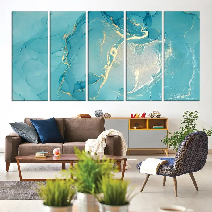 The Turquoise Canvas Wall Art Abstract Print, crafted with museum-quality canvases and a UV-protective coating, graces the wall. This striking piece arrives ready to hang and infuses the space with elegance.