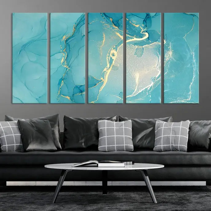 The Turquoise Canvas Wall Art Abstract Print, crafted with museum-quality canvases and a UV-protective coating, graces the wall. This striking piece arrives ready to hang and infuses the space with elegance.