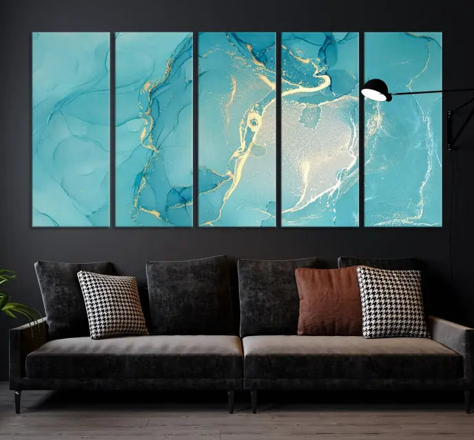 The Turquoise Canvas Wall Art Abstract Print, crafted with museum-quality canvases and a UV-protective coating, graces the wall. This striking piece arrives ready to hang and infuses the space with elegance.