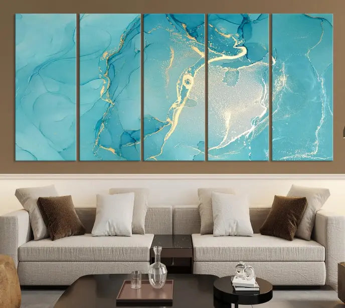 The Turquoise Canvas Wall Art Abstract Print, crafted with museum-quality canvases and a UV-protective coating, graces the wall. This striking piece arrives ready to hang and infuses the space with elegance.