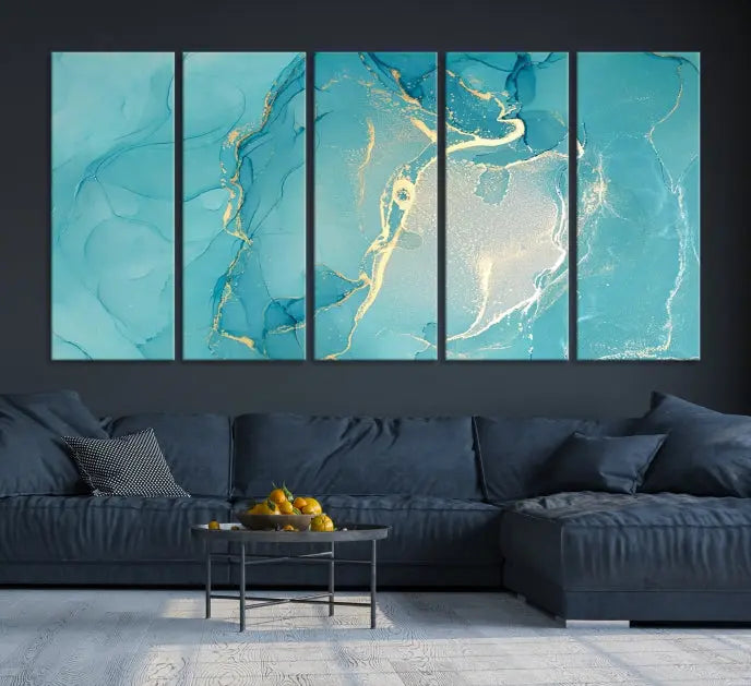 The Turquoise Canvas Wall Art Abstract Print, crafted with museum-quality canvases and a UV-protective coating, graces the wall. This striking piece arrives ready to hang and infuses the space with elegance.