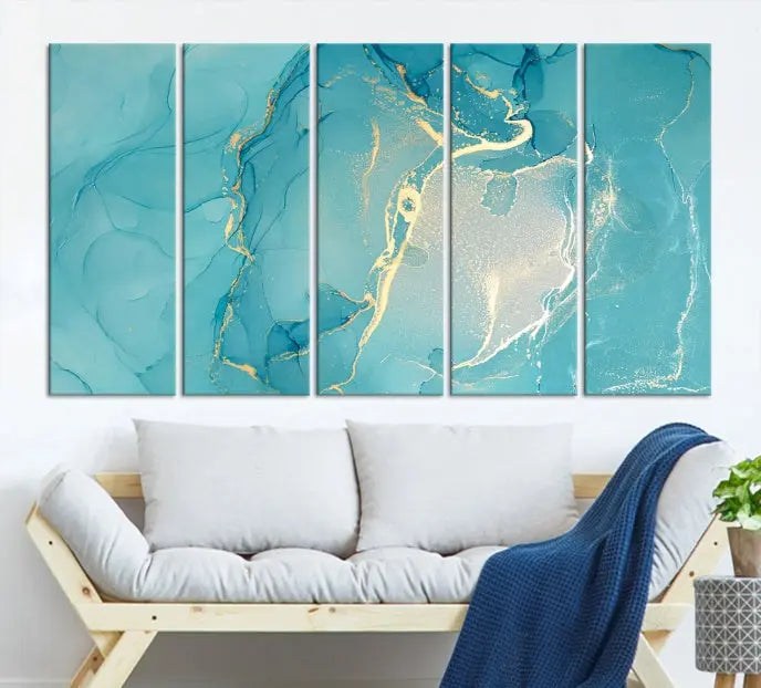 The Turquoise Canvas Wall Art Abstract Print, crafted with museum-quality canvases and a UV-protective coating, graces the wall. This striking piece arrives ready to hang and infuses the space with elegance.