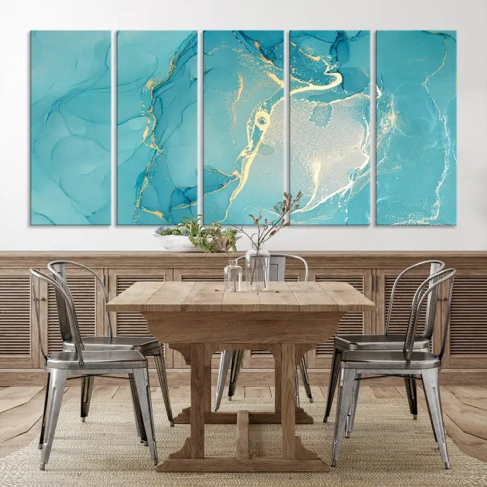 The Turquoise Canvas Wall Art Abstract Print, crafted with museum-quality canvases and a UV-protective coating, graces the wall. This striking piece arrives ready to hang and infuses the space with elegance.