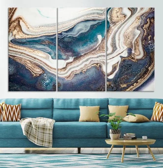 The Turquoise Color Marble Fluid Effect canvas wall art print is crafted on museum-quality material and treated with a UV-protective coating for lasting vibrancy. It is displayed ready to hang, showcasing its elegant design.