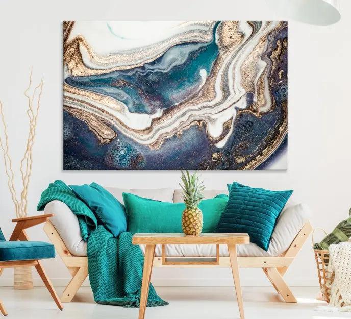 The Turquoise Color Marble Fluid Effect canvas wall art print is crafted on museum-quality material and treated with a UV-protective coating for lasting vibrancy. It is displayed ready to hang, showcasing its elegant design.