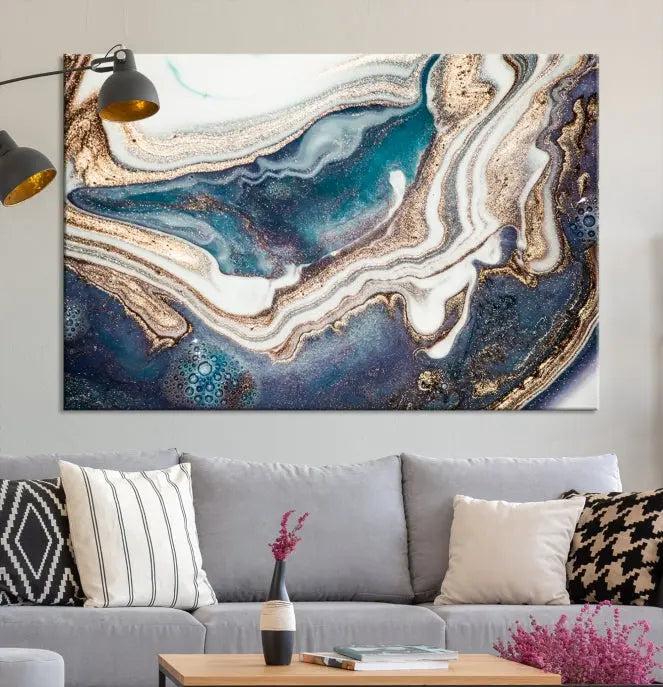 The Turquoise Color Marble Fluid Effect canvas wall art print is crafted on museum-quality material and treated with a UV-protective coating for lasting vibrancy. It is displayed ready to hang, showcasing its elegant design.