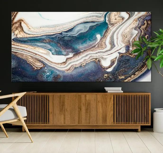 The Turquoise Color Marble Fluid Effect canvas wall art print is crafted on museum-quality material and treated with a UV-protective coating for lasting vibrancy. It is displayed ready to hang, showcasing its elegant design.