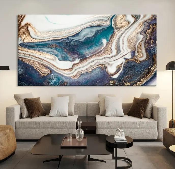 The Turquoise Color Marble Fluid Effect canvas wall art print is crafted on museum-quality material and treated with a UV-protective coating for lasting vibrancy. It is displayed ready to hang, showcasing its elegant design.