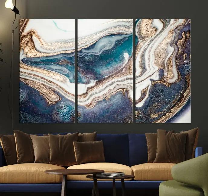 The Turquoise Color Marble Fluid Effect canvas wall art print is crafted on museum-quality material and treated with a UV-protective coating for lasting vibrancy. It is displayed ready to hang, showcasing its elegant design.