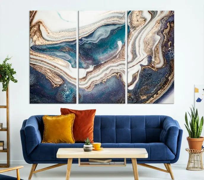 The Turquoise Color Marble Fluid Effect canvas wall art print is crafted on museum-quality material and treated with a UV-protective coating for lasting vibrancy. It is displayed ready to hang, showcasing its elegant design.