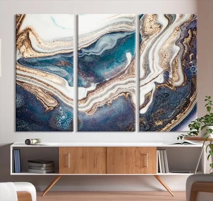 The Turquoise Color Marble Fluid Effect canvas wall art print is crafted on museum-quality material and treated with a UV-protective coating for lasting vibrancy. It is displayed ready to hang, showcasing its elegant design.