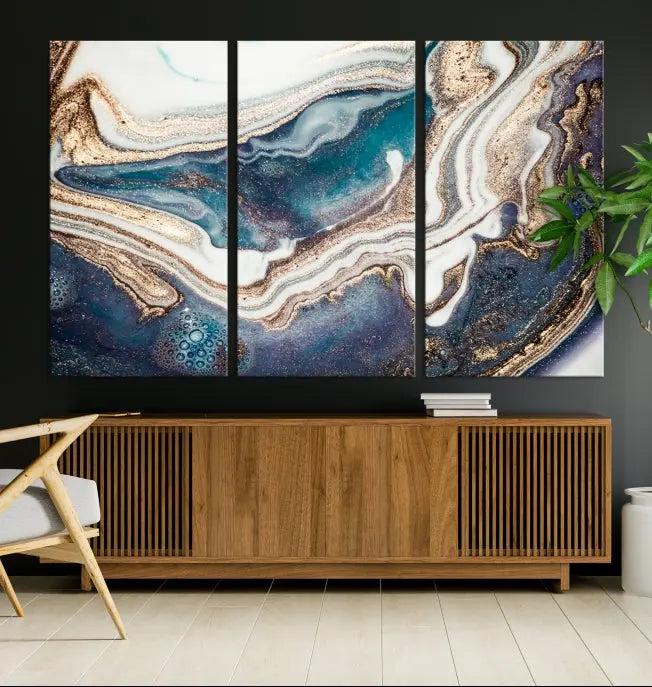 The Turquoise Color Marble Fluid Effect canvas wall art print is crafted on museum-quality material and treated with a UV-protective coating for lasting vibrancy. It is displayed ready to hang, showcasing its elegant design.