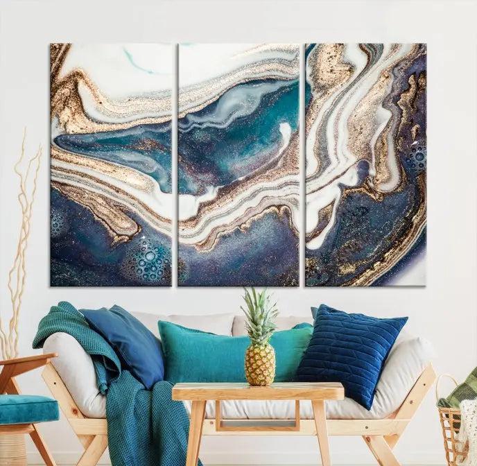 The Turquoise Color Marble Fluid Effect canvas wall art print is crafted on museum-quality material and treated with a UV-protective coating for lasting vibrancy. It is displayed ready to hang, showcasing its elegant design.