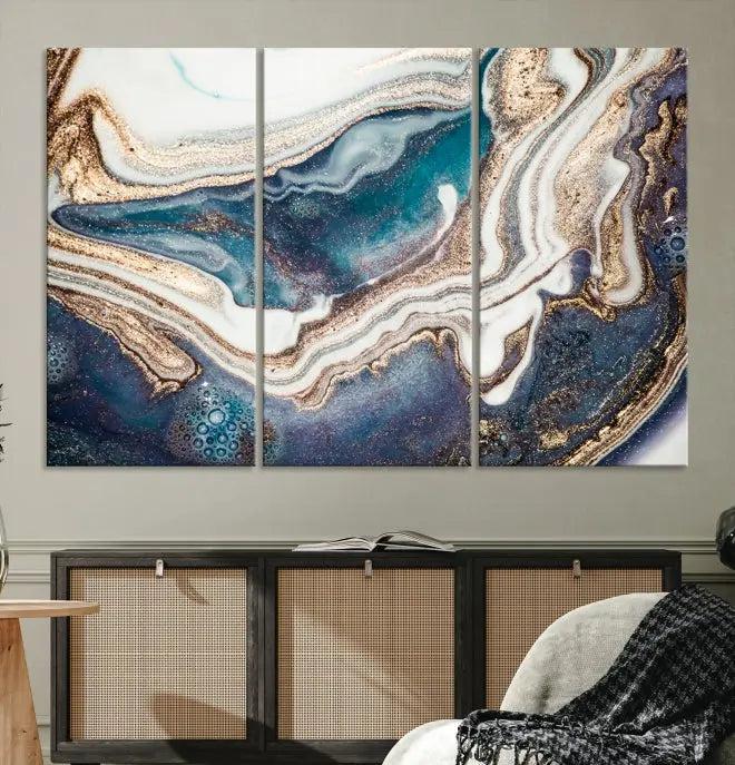 The Turquoise Color Marble Fluid Effect canvas wall art print is crafted on museum-quality material and treated with a UV-protective coating for lasting vibrancy. It is displayed ready to hang, showcasing its elegant design.