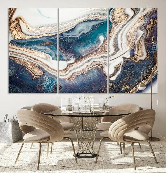 The Turquoise Color Marble Fluid Effect canvas wall art print is crafted on museum-quality material and treated with a UV-protective coating for lasting vibrancy. It is displayed ready to hang, showcasing its elegant design.