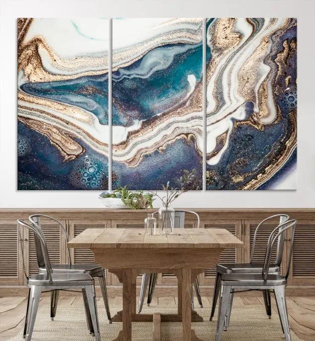 The Turquoise Color Marble Fluid Effect canvas wall art print is crafted on museum-quality material and treated with a UV-protective coating for lasting vibrancy. It is displayed ready to hang, showcasing its elegant design.