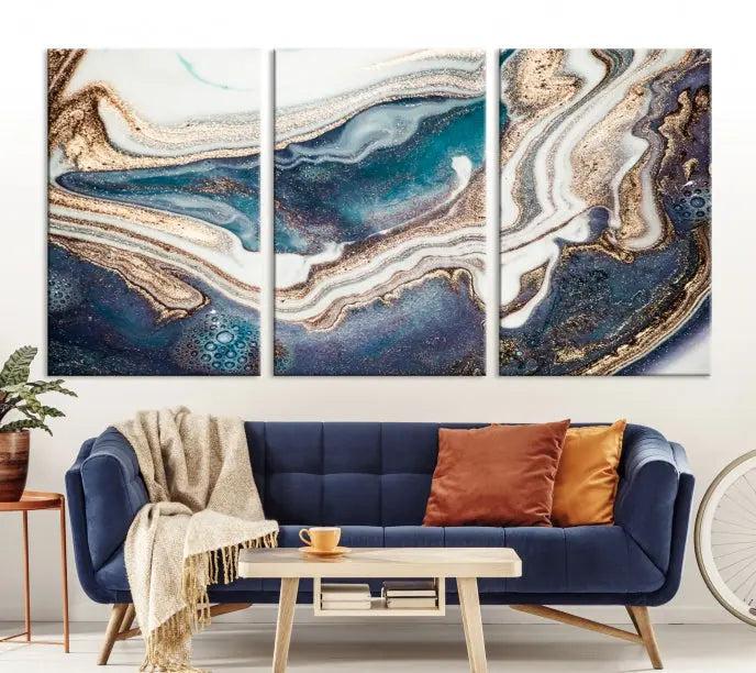 The Turquoise Color Marble Fluid Effect canvas wall art print is crafted on museum-quality material and treated with a UV-protective coating for lasting vibrancy. It is displayed ready to hang, showcasing its elegant design.