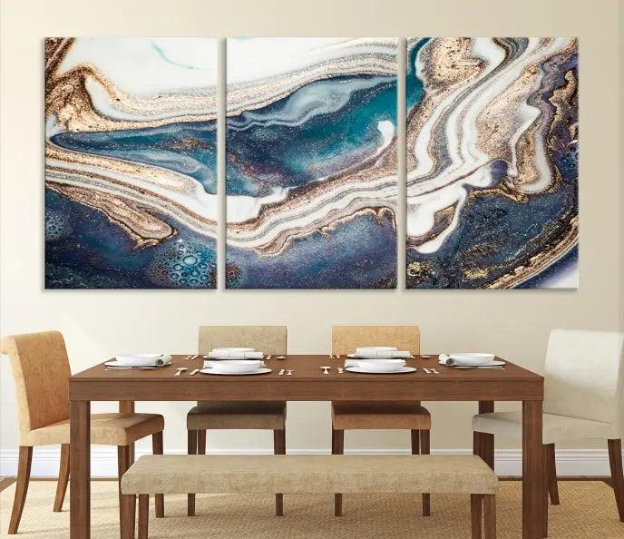 The Turquoise Color Marble Fluid Effect canvas wall art print is crafted on museum-quality material and treated with a UV-protective coating for lasting vibrancy. It is displayed ready to hang, showcasing its elegant design.