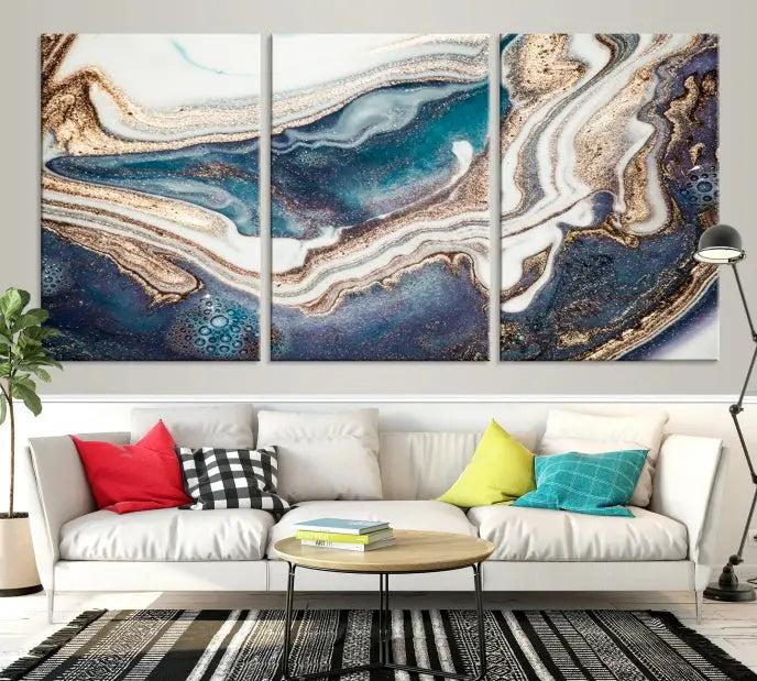 The Turquoise Color Marble Fluid Effect canvas wall art print is crafted on museum-quality material and treated with a UV-protective coating for lasting vibrancy. It is displayed ready to hang, showcasing its elegant design.