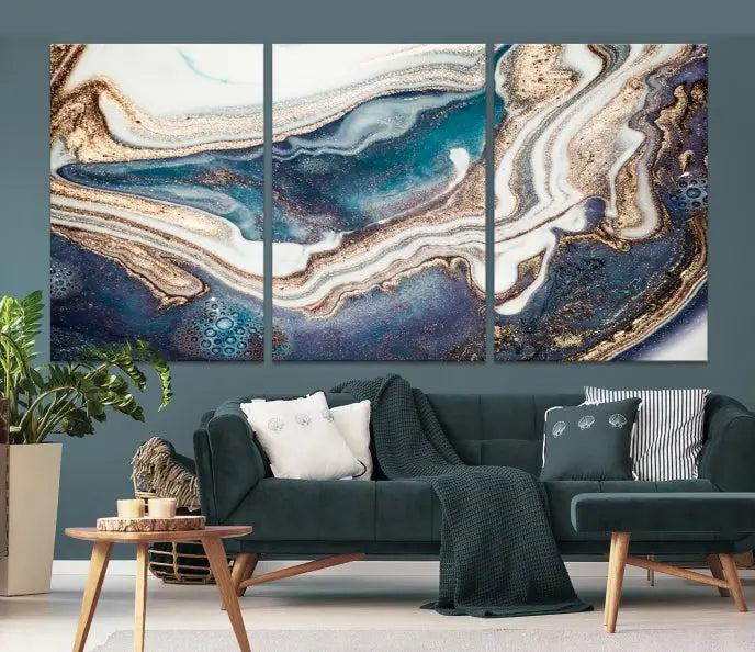 The Turquoise Color Marble Fluid Effect canvas wall art print is crafted on museum-quality material and treated with a UV-protective coating for lasting vibrancy. It is displayed ready to hang, showcasing its elegant design.