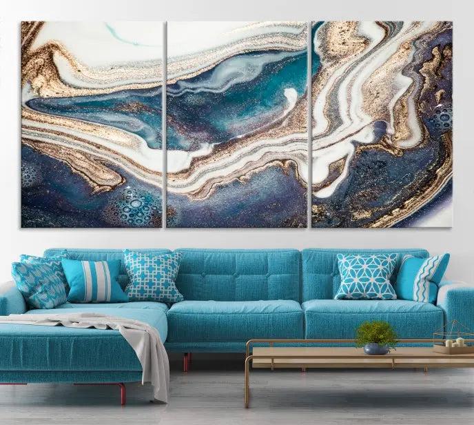 The Turquoise Color Marble Fluid Effect canvas wall art print is crafted on museum-quality material and treated with a UV-protective coating for lasting vibrancy. It is displayed ready to hang, showcasing its elegant design.