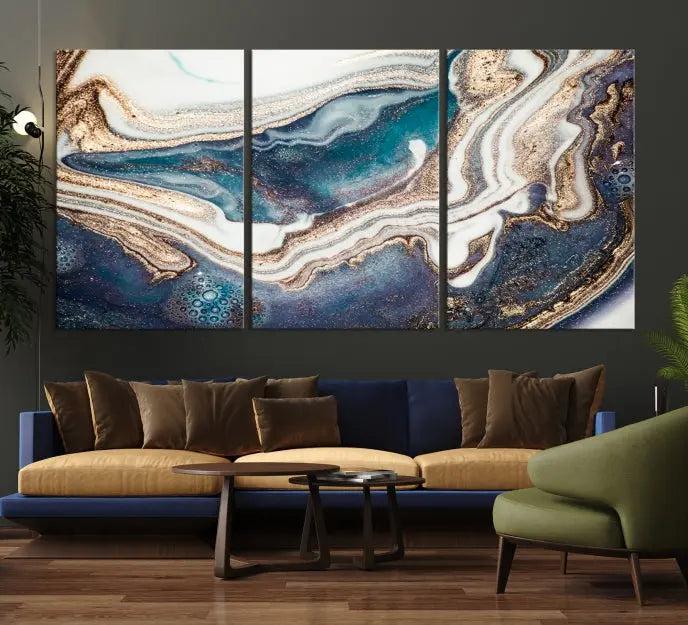 The Turquoise Color Marble Fluid Effect canvas wall art print is crafted on museum-quality material and treated with a UV-protective coating for lasting vibrancy. It is displayed ready to hang, showcasing its elegant design.