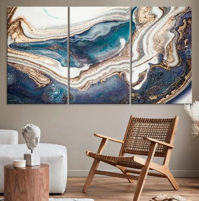 The Turquoise Color Marble Fluid Effect canvas wall art print is crafted on museum-quality material and treated with a UV-protective coating for lasting vibrancy. It is displayed ready to hang, showcasing its elegant design.