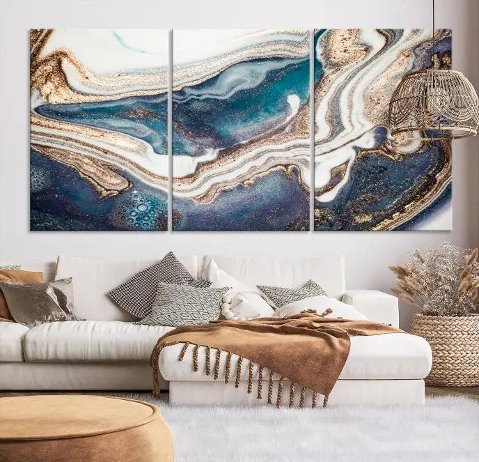 The Turquoise Color Marble Fluid Effect canvas wall art print is crafted on museum-quality material and treated with a UV-protective coating for lasting vibrancy. It is displayed ready to hang, showcasing its elegant design.