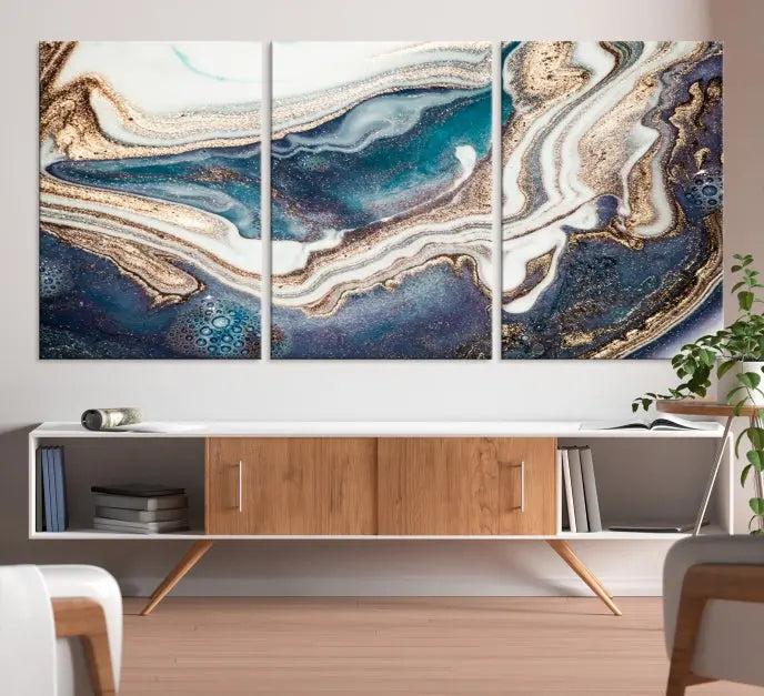 The Turquoise Color Marble Fluid Effect canvas wall art print is crafted on museum-quality material and treated with a UV-protective coating for lasting vibrancy. It is displayed ready to hang, showcasing its elegant design.