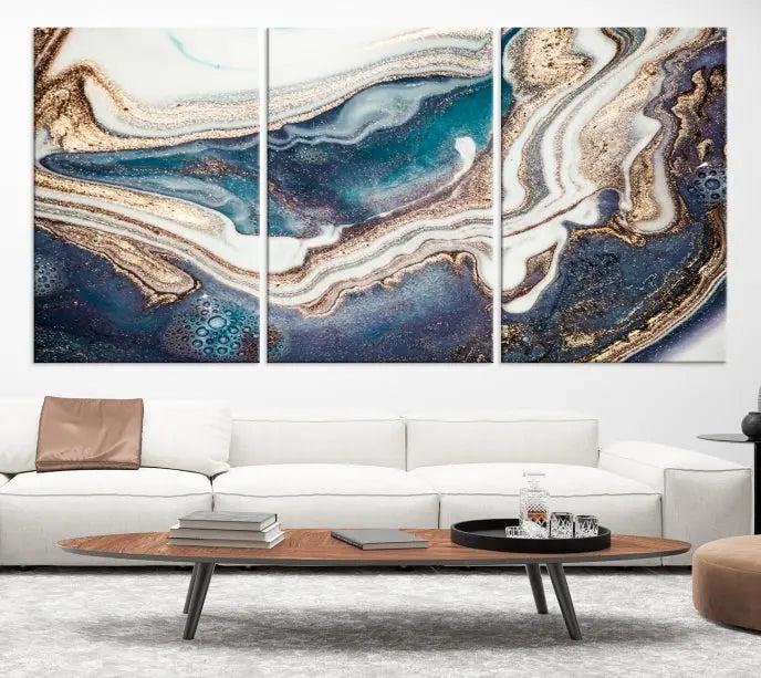 The Turquoise Color Marble Fluid Effect canvas wall art print is crafted on museum-quality material and treated with a UV-protective coating for lasting vibrancy. It is displayed ready to hang, showcasing its elegant design.