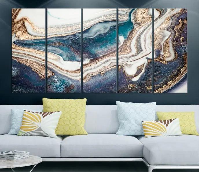 The Turquoise Color Marble Fluid Effect canvas wall art print is crafted on museum-quality material and treated with a UV-protective coating for lasting vibrancy. It is displayed ready to hang, showcasing its elegant design.