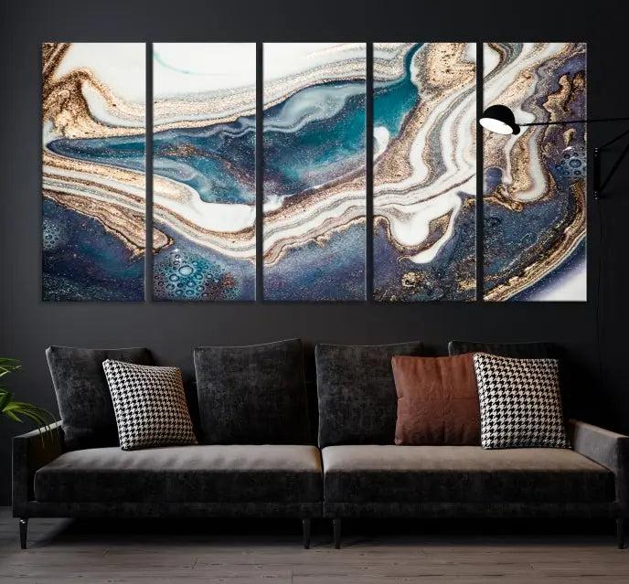 The Turquoise Color Marble Fluid Effect canvas wall art print is crafted on museum-quality material and treated with a UV-protective coating for lasting vibrancy. It is displayed ready to hang, showcasing its elegant design.