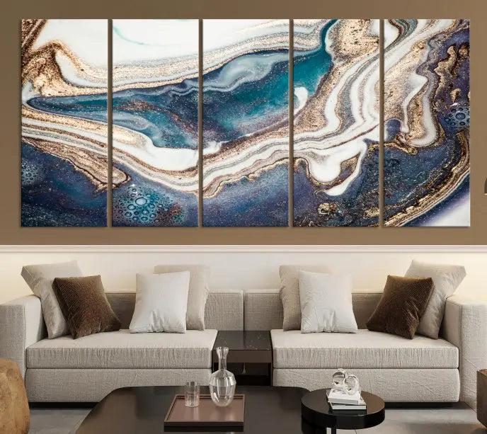 The Turquoise Color Marble Fluid Effect canvas wall art print is crafted on museum-quality material and treated with a UV-protective coating for lasting vibrancy. It is displayed ready to hang, showcasing its elegant design.