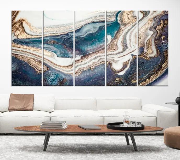 The Turquoise Color Marble Fluid Effect canvas wall art print is crafted on museum-quality material and treated with a UV-protective coating for lasting vibrancy. It is displayed ready to hang, showcasing its elegant design.