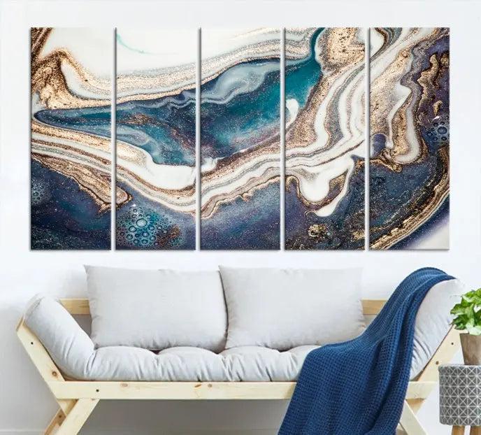 The Turquoise Color Marble Fluid Effect canvas wall art print is crafted on museum-quality material and treated with a UV-protective coating for lasting vibrancy. It is displayed ready to hang, showcasing its elegant design.