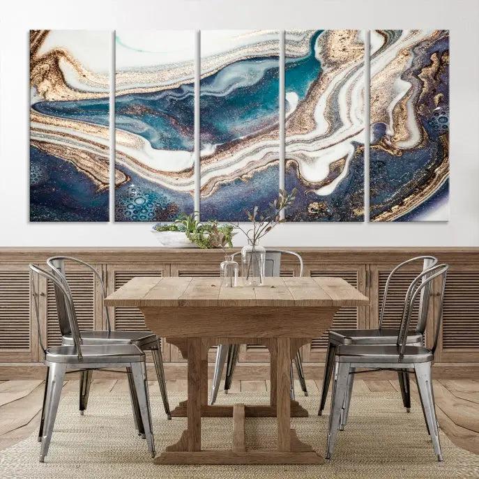 The Turquoise Color Marble Fluid Effect canvas wall art print is crafted on museum-quality material and treated with a UV-protective coating for lasting vibrancy. It is displayed ready to hang, showcasing its elegant design.