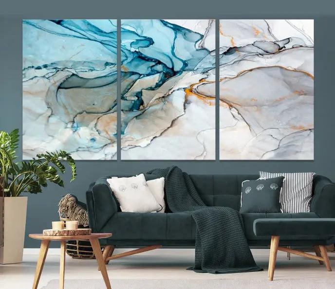 The "Turquoise Green Marble Fluid Effect Wall Art Abstract Canvas Wall Art Print" adorns the wall, ensuring timeless elegance with its UV-protective coating.