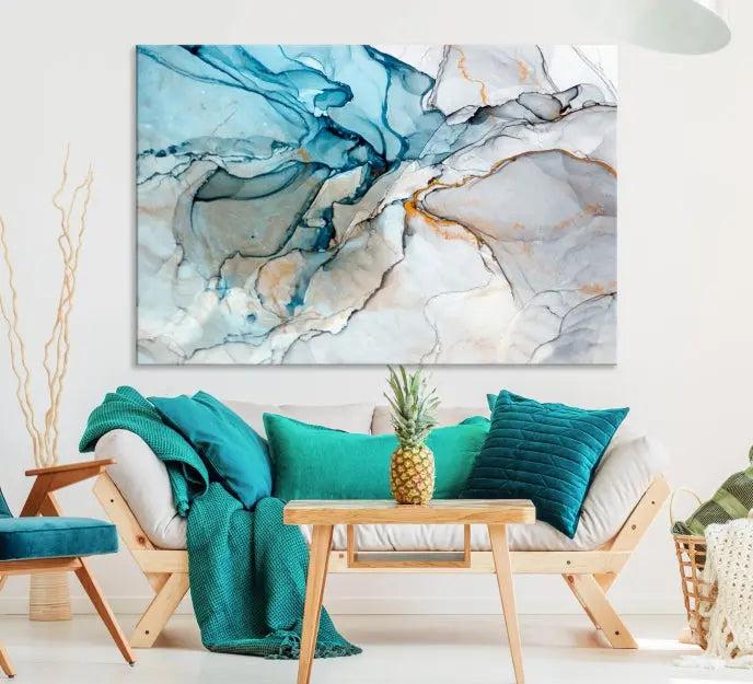 The "Turquoise Green Marble Fluid Effect Wall Art Abstract Canvas Wall Art Print" adorns the wall, ensuring timeless elegance with its UV-protective coating.