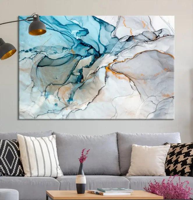 The "Turquoise Green Marble Fluid Effect Wall Art Abstract Canvas Wall Art Print" adorns the wall, ensuring timeless elegance with its UV-protective coating.