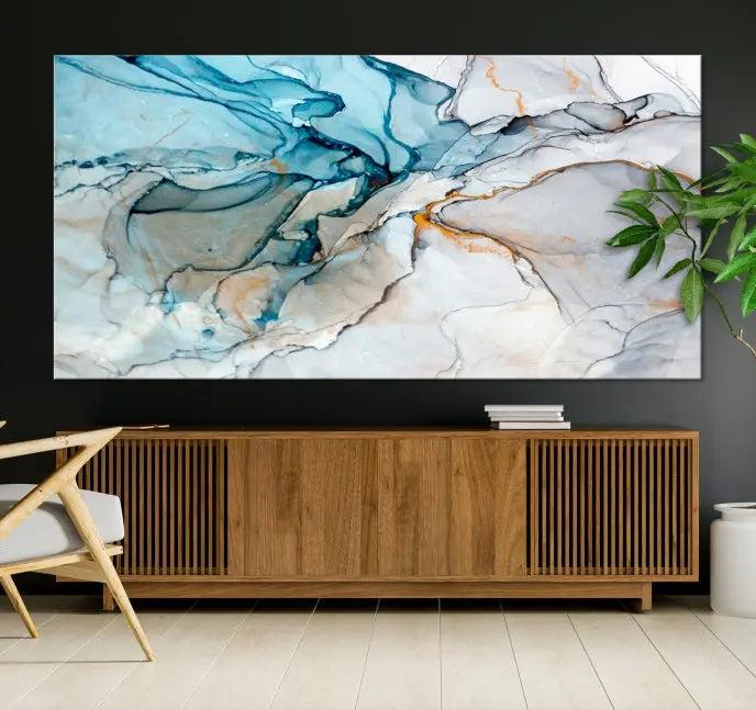 The "Turquoise Green Marble Fluid Effect Wall Art Abstract Canvas Wall Art Print" adorns the wall, ensuring timeless elegance with its UV-protective coating.