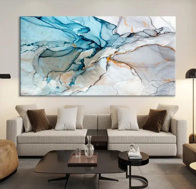 The "Turquoise Green Marble Fluid Effect Wall Art Abstract Canvas Wall Art Print" adorns the wall, ensuring timeless elegance with its UV-protective coating.